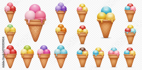 Collection of colorful ice cream cones with various flavors and toppings, arranged on a transparent background.