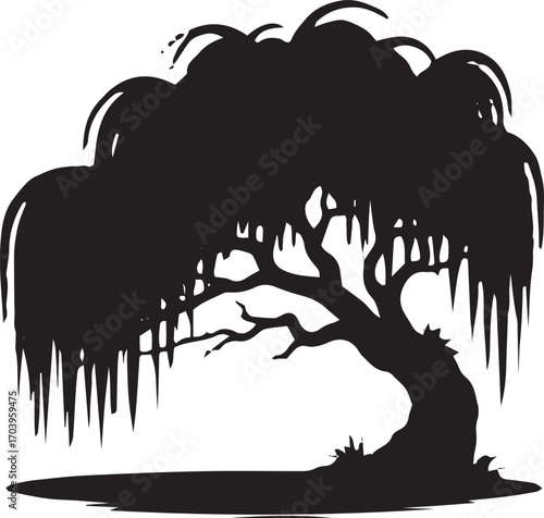 Silhouette of a weeping willow tree with dramatic drooping branches and visible trunk texture