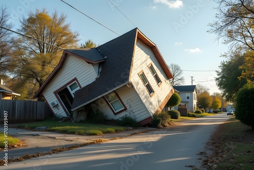A house upside down but fully intact in a suburban street.
