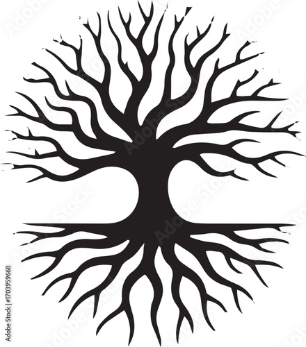 Stylized black silhouette of tree of life with intricate branches and roots circular design