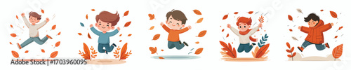 vector of little boy jumping happily in autumn
