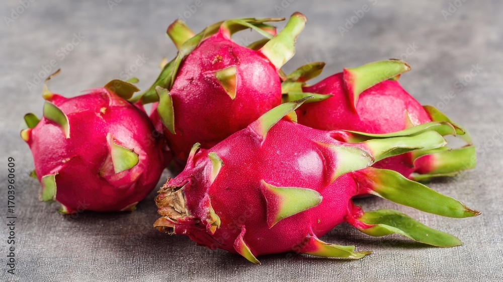 Fototapeta premium Dragon fruits display their striking pink skin and green tips on a textured gray surface. The exotic fruit is known for its sweet flavor and nutritional benefits, making it a favorite choice.