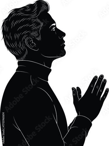 Silhouette of a man praying with hands clasped together, hopeful expression, side profile, vector illustration, spiritual, faith, meditation, contemplation