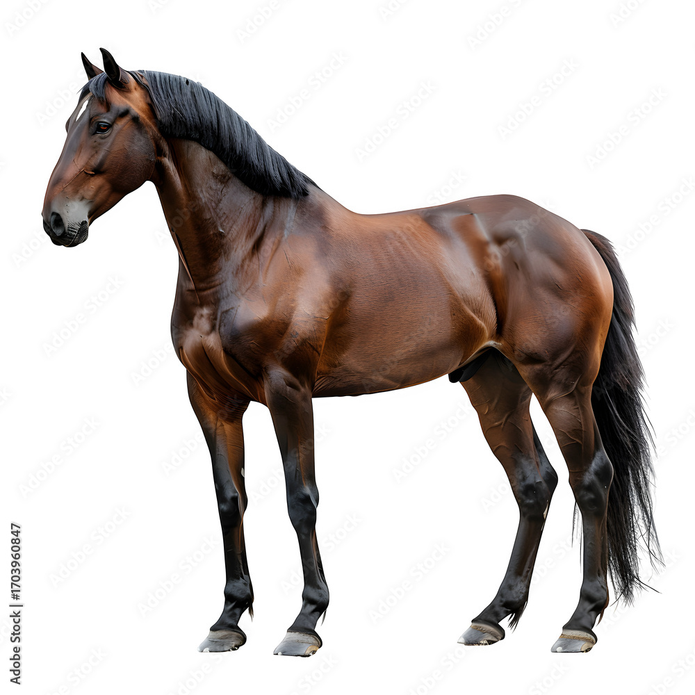 Obraz premium Brown horse standing gracefully equine animal equestrian art isolated transparent background product in clear view with natural colors and sharp focus on a plain background. Simple clean style for sto