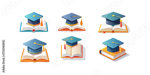 Set of isometric icons with graduation hats on books, symbolizing academic achievement, higher education, and scholarly success