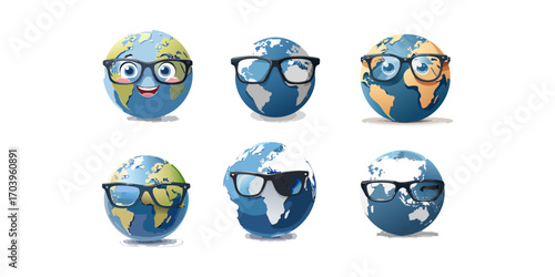 Set of illustrated planet Earth characters with eyeglasses. Adorable and smart global mascot icons for environmental and educational concepts