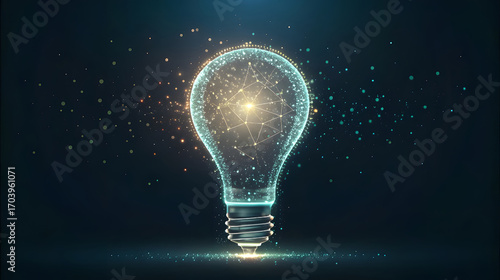 Glowing lightbulb with digital network and particles