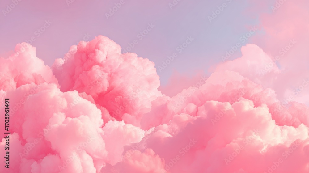 Fototapeta premium Soft, fluffy clouds in shades of pink dominate the sky at sunset, creating a serene atmosphere as the light begins to fade in the early evening.