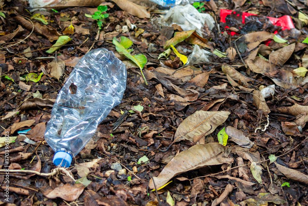 Naklejka premium Plastic trash, PET bottle and plastic bag in the forrest. The environmental pollution. Nature protection.