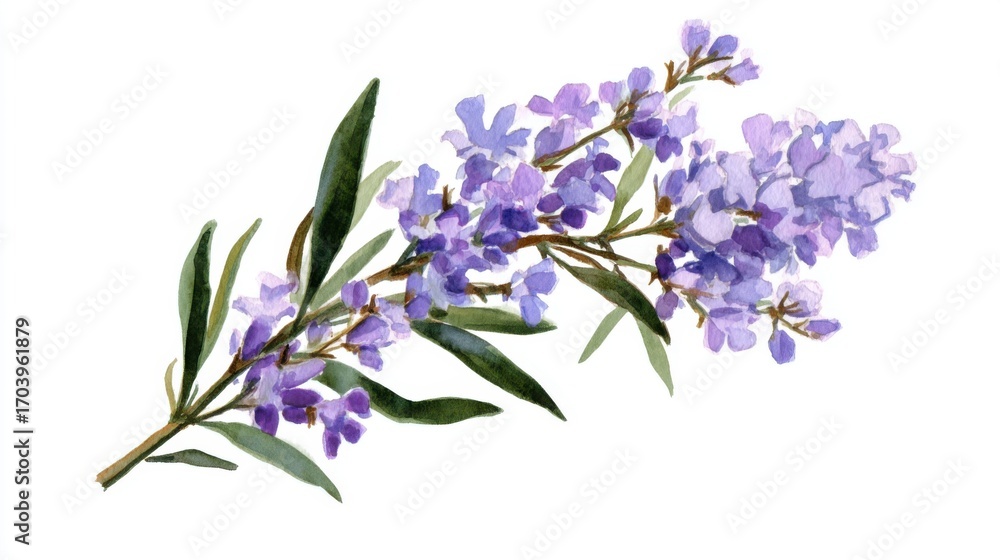 Obraz premium A branch featuring clusters of purple flowers with soft petals and green leaves stretches diagonally across a white background, showcasing natural beauty and vibrant colors under bright daylight.