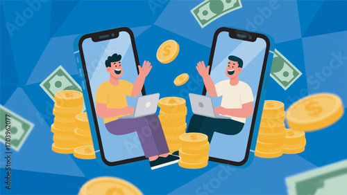 Illustration of two young men sitting in separate smartphone screens and interacting vector design template
