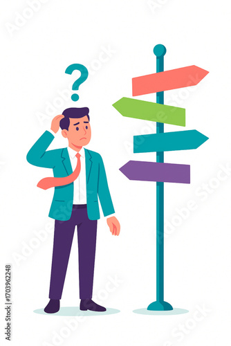 Confused businessman facing multiple choices unsure of direction, strategic planning concept