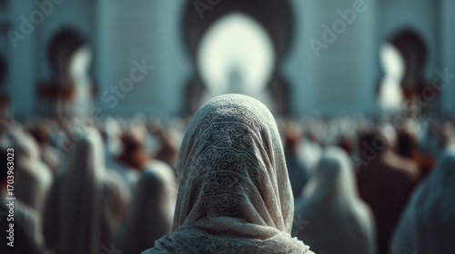 Tranquil scene of a gathering of people praying in the sacred mosque
