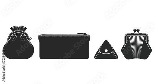 Collection of diverse black objects including a pouch a rectangular shape and a coin purse vector