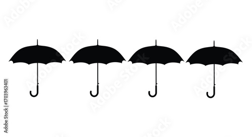 Four black umbrellas lined up uniformly for weather protection and safety vector