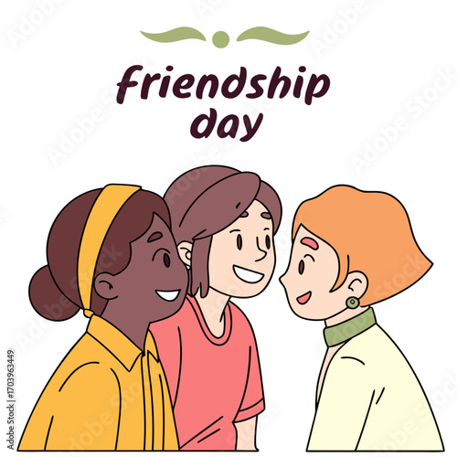 Three diverse young women smiling and talking together celebrating friendship day with a festive design