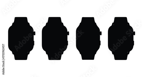 Four black smartwatch silhouettes rowed horizontally offering modern tech product mockups vector