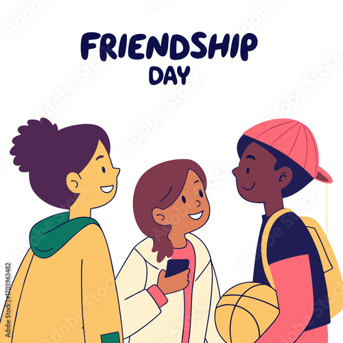Diverse group of three young friends smiling and interacting happily on friendship day celebration