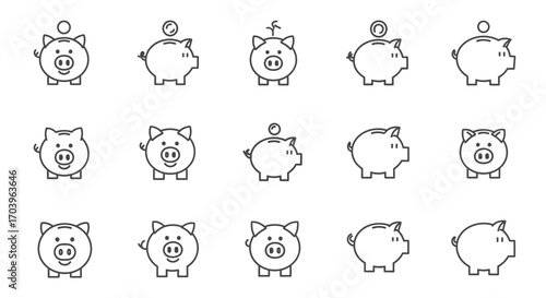 Collection of hand drawn piggy bank icons simple sketch style for financial concepts vector