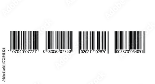 Collection of four different retail product barcodes presented horizontally on vector