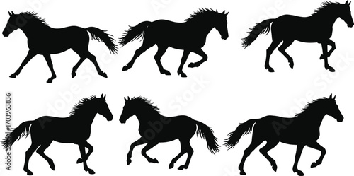 Collection of horse silhouette illustrations showing elegant running poses, perfect for wildlife vectors, equestrian themes, and graphic design projects.