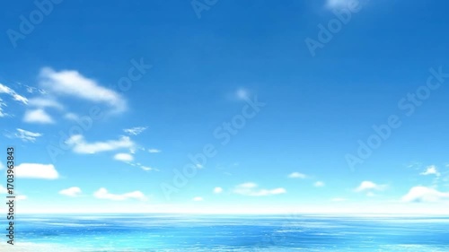 A vibrant, sunny vista of a calm ocean and a clear, cloud-filled sky