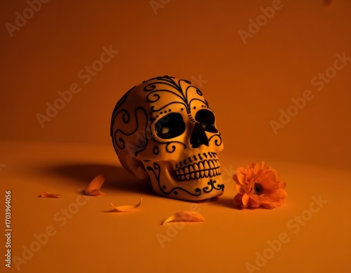Artistic sugar skull with intricate black designs and floral accents on orange background representing Day of the Dead celebration