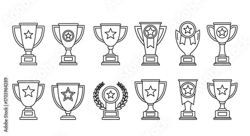 Collection of hand drawn soccer trophies celebrating victory and achievement in sports competition vector