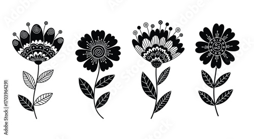 Four decorative black and white folk art style flowers with detailed petals and stems vector