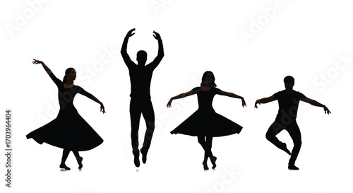 Silhouettes of four dancers performing graceful ballet moves in studio light vector