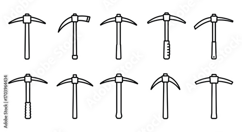 Collection of ten hand-drawn geological pickaxe and mining tools icons simple outline style vector