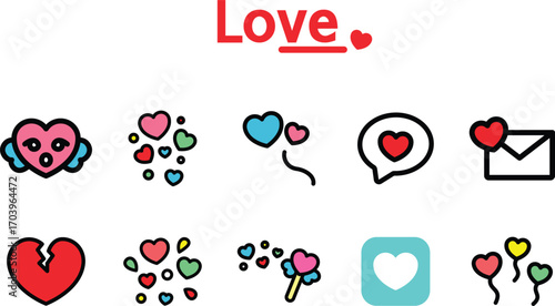 A set of cute icons with hearts and love theme
