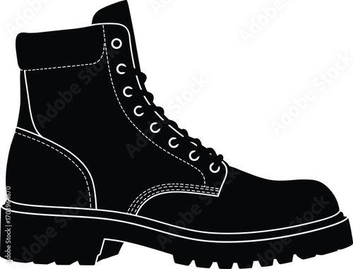 Vector illustration of black combat boot silhouette with laces, rugged sole, ankle support, durable footwear, military style, outdoor hiking, fashion design