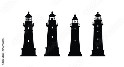 Four distinct silhouette lighthouses standing tall nautical sea navigation beacons vector