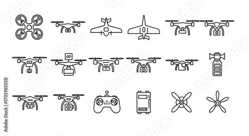 Collection of drone icons and aerial vehicle symbols in a simple outline style vector