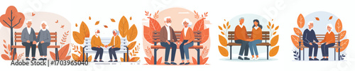 vector of grandparents sitting on park benches in autumn