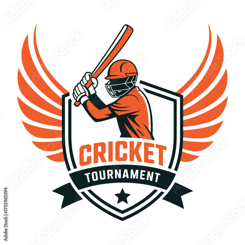 Cricket tournament emblem with batsman and wings symbolizing victory and competition