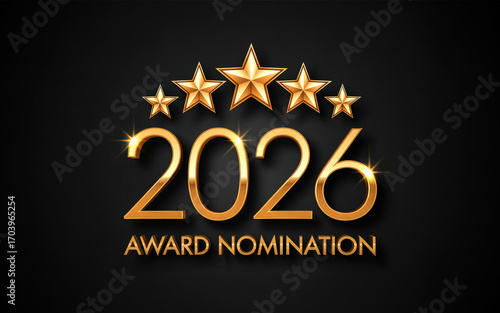 Wallpaper Mural Golden 3D year 2026 numbers five shimmering stars crowning above with 'Award Nomination' text below Torontodigital.ca
