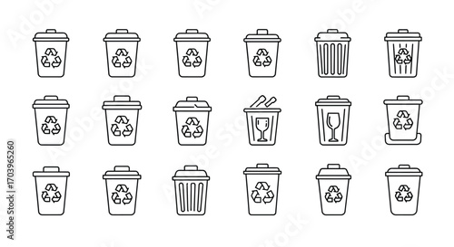 Collection of recycle and trash bin icons symbolizing environmental care and waste management vector