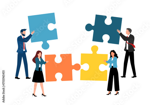 Business concept. Team metaphor. people connecting puzzle elements. Vector illustration flat design style. Symbol of teamwork, cooperation, partnership vector
