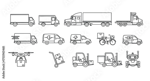 Diverse collection of commercial vehicles and delivery services icons representing logistics and transportation solutions vector