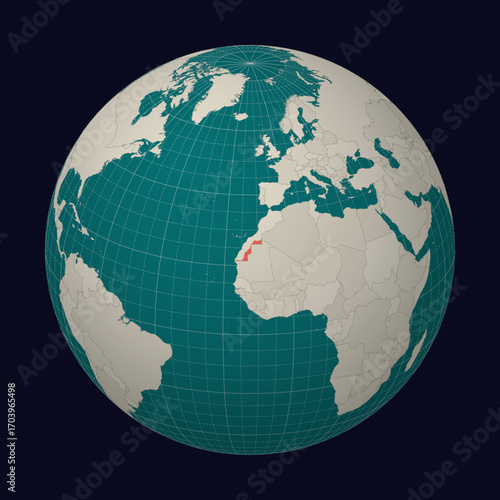 Western Sahara on the map. Globe centered to Western Sahara. Country location on the world map. Teal Pale Mint color palette. Globe with countries, meridians and parallels.