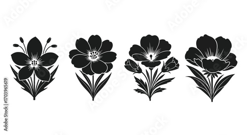Set of four stylized black floral silhouettes with textured petals and stems vector