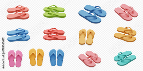 Collection of colorful flip-flops arranged in rows, showcasing various shades of blue, green, pink, yellow, orange, and coral.