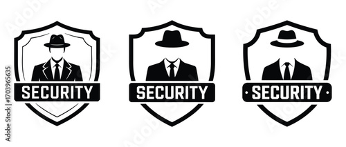Three silhouette badges with man in suit and hat labeled security