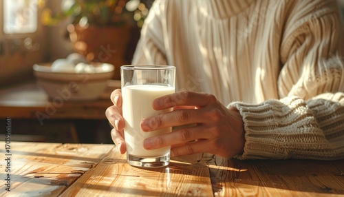 Person Holding Glass Of Milk With Cozy Sweater In Sunlit Indoor Setting