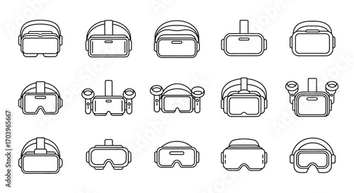 Collection of futuristic virtual reality headsets and goggles diverse designs in outline style vector