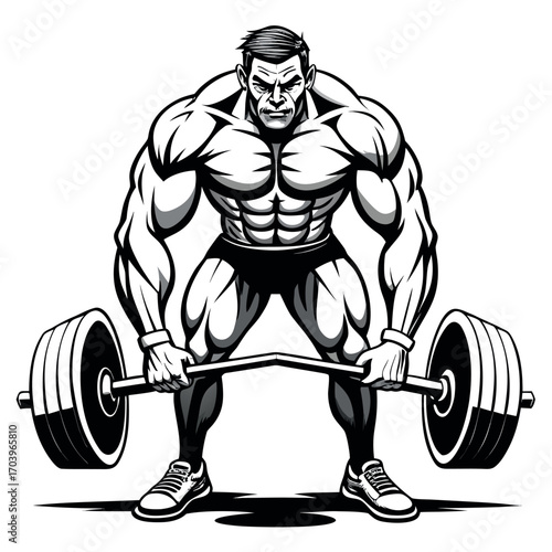 Muscular Bodybuilder Performing a Deadlift with a Barbell
