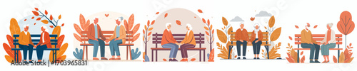 vector of grandparents sitting on park benches in autumn