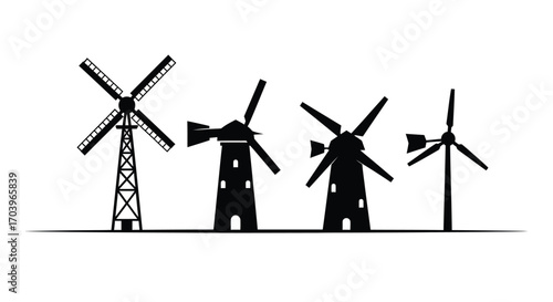 Set of different windmill silhouettes traditional and modern energy sources vector
